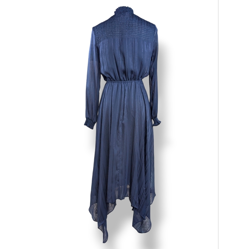 NWT Nanette Lepore Size 2 Navy Blue Asymmetrical Dress High Neck Clinched Waist - Picture 4 of 14
